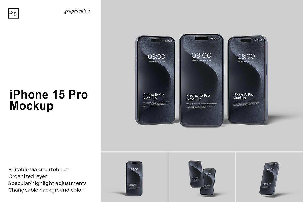 iPhone 15 Pro Mockup, an iPhone Mockup by Graphiculon (Photo 1 of 11)
