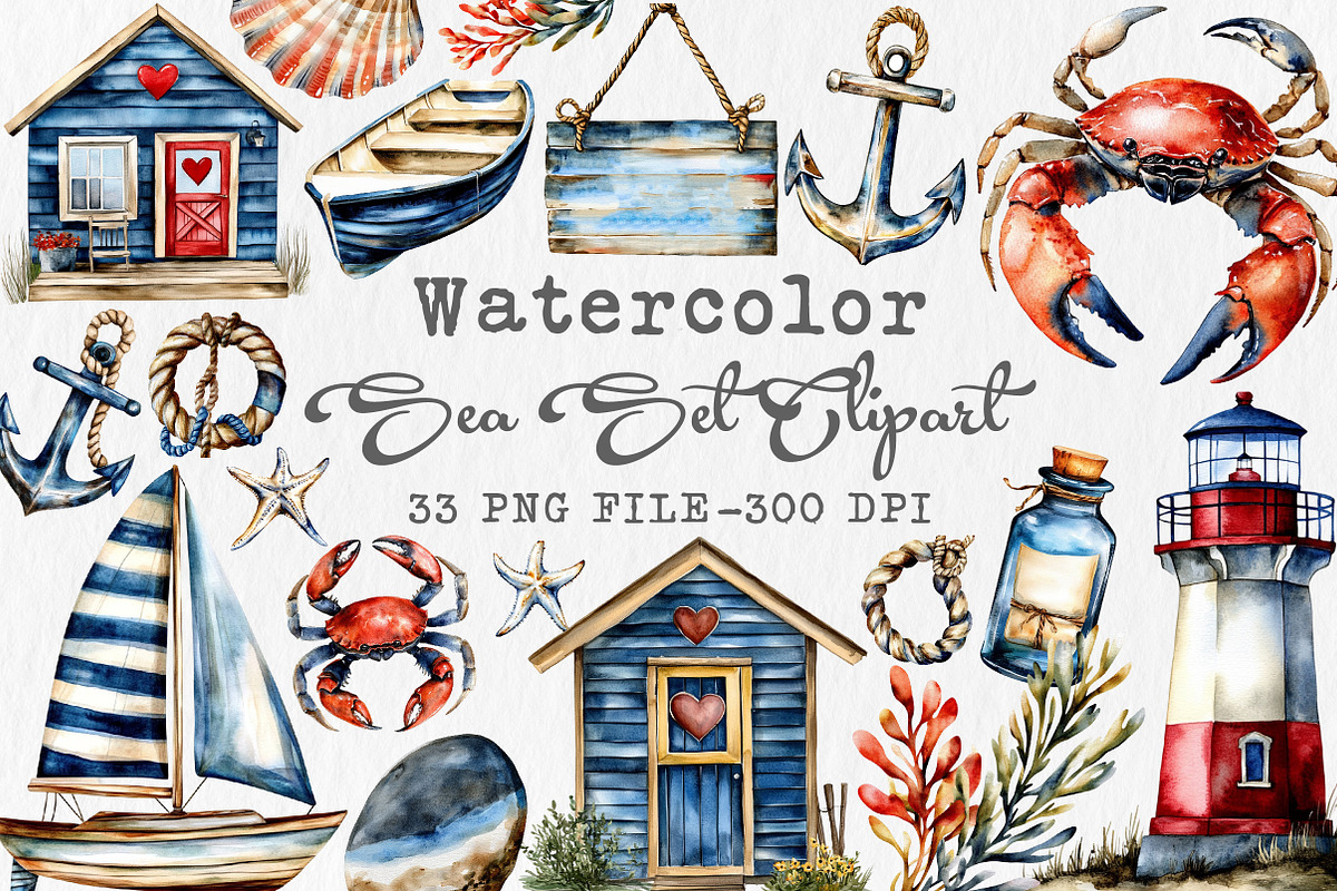 Watercolor sea set Clipart, an Illustration by Libby Wishes (Photo 1 of 7)