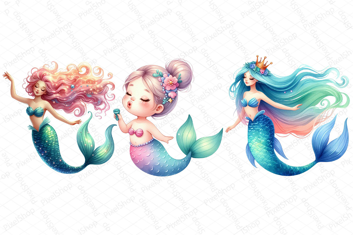 Cute Mermaid Watercolor Clipart, an Illustration by DreamPrint404 (Photo 3 of 6)