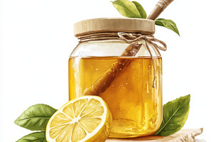 Wooden stick and Honey jar with lemo, a Food & Drink Photo by Pixeness Studio