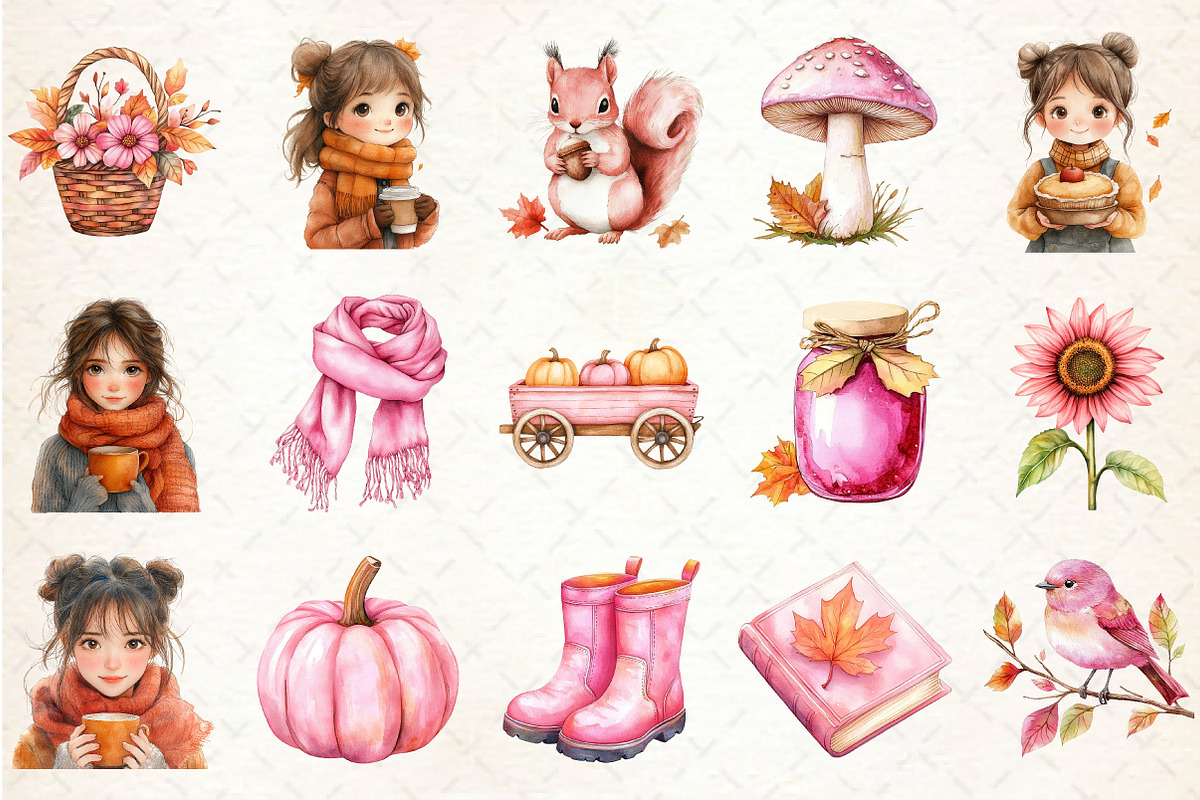 Watercolor Pink Fall Autumn Clipart, an Illustration by Rose Art (Photo 4 of 4)