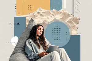 Woman relaxing in beanbag chair usin, a Photo by Pixeness Studio