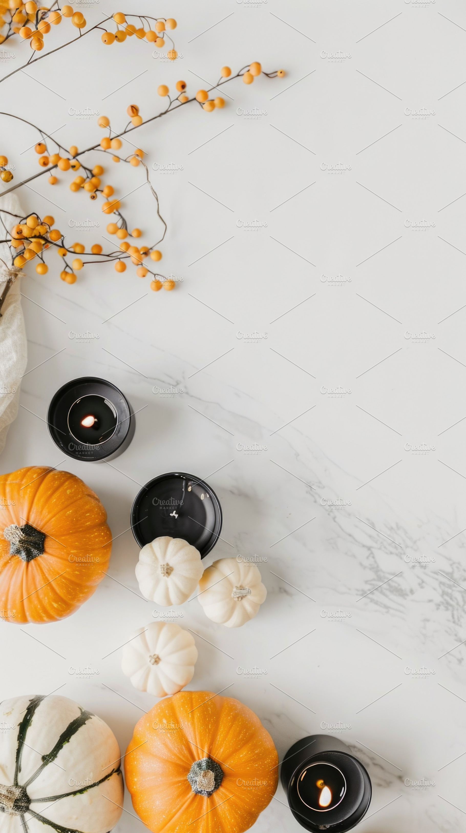 Elegant Halloween flat lay with pumpkins and black candles, a Nature Photo by José Manuel Gelpi