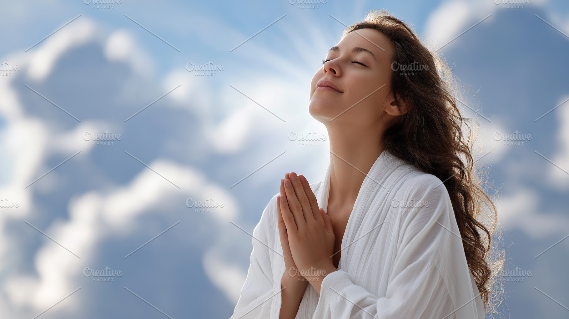 Serene woman in a white robe, gently, a Holiday Photo by MistyDay
