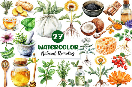 Watercolor Natural Remedies Clipart, an Illustration by CreationArt