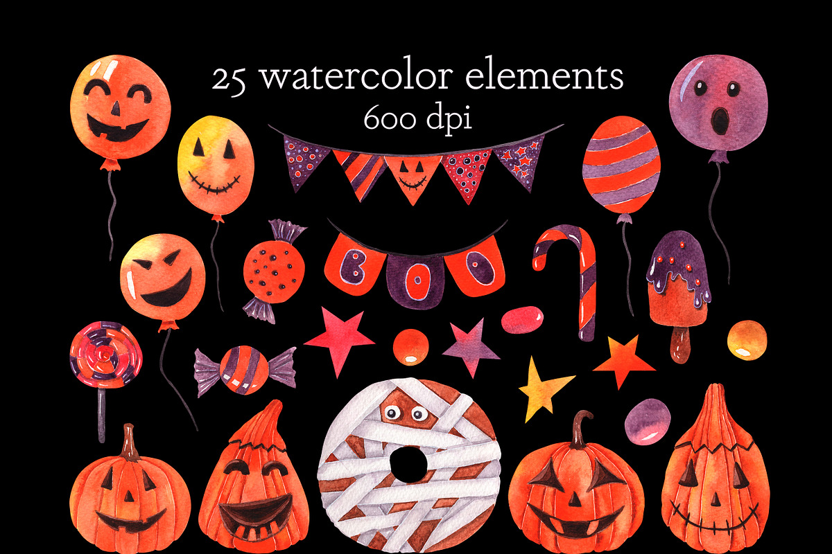 Watercolor Halloween clipart, a Seasonal Illustration by AnastasiaWatercolor (Photo 3 of 5)