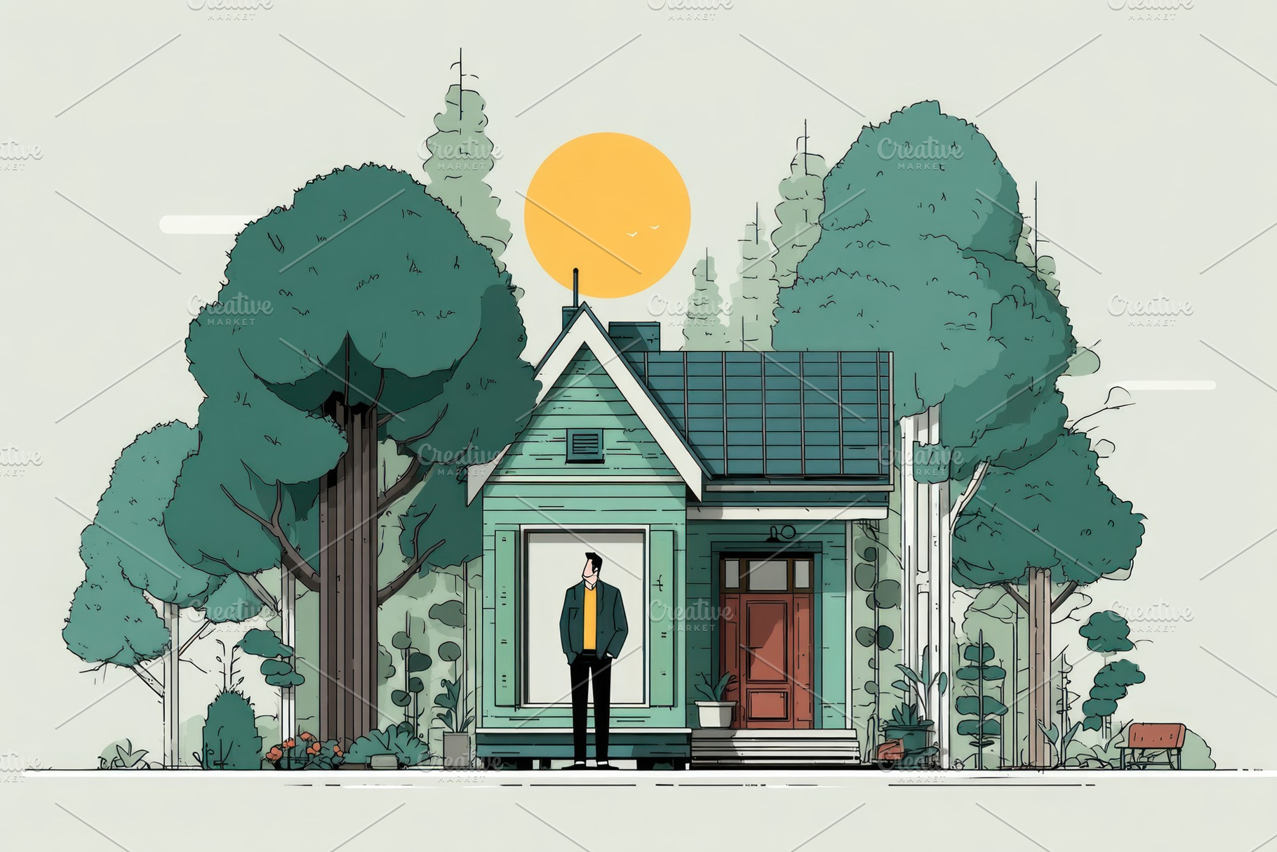 Illustration of small green house with solar panels in forest se, a Technology Photo by José Manuel Gelpi