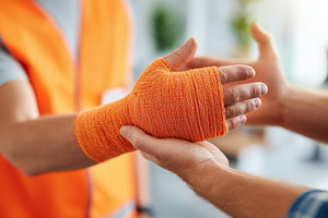Handshake with a person in an orange bandage, a Health & Medical Photo by AlyaAnd