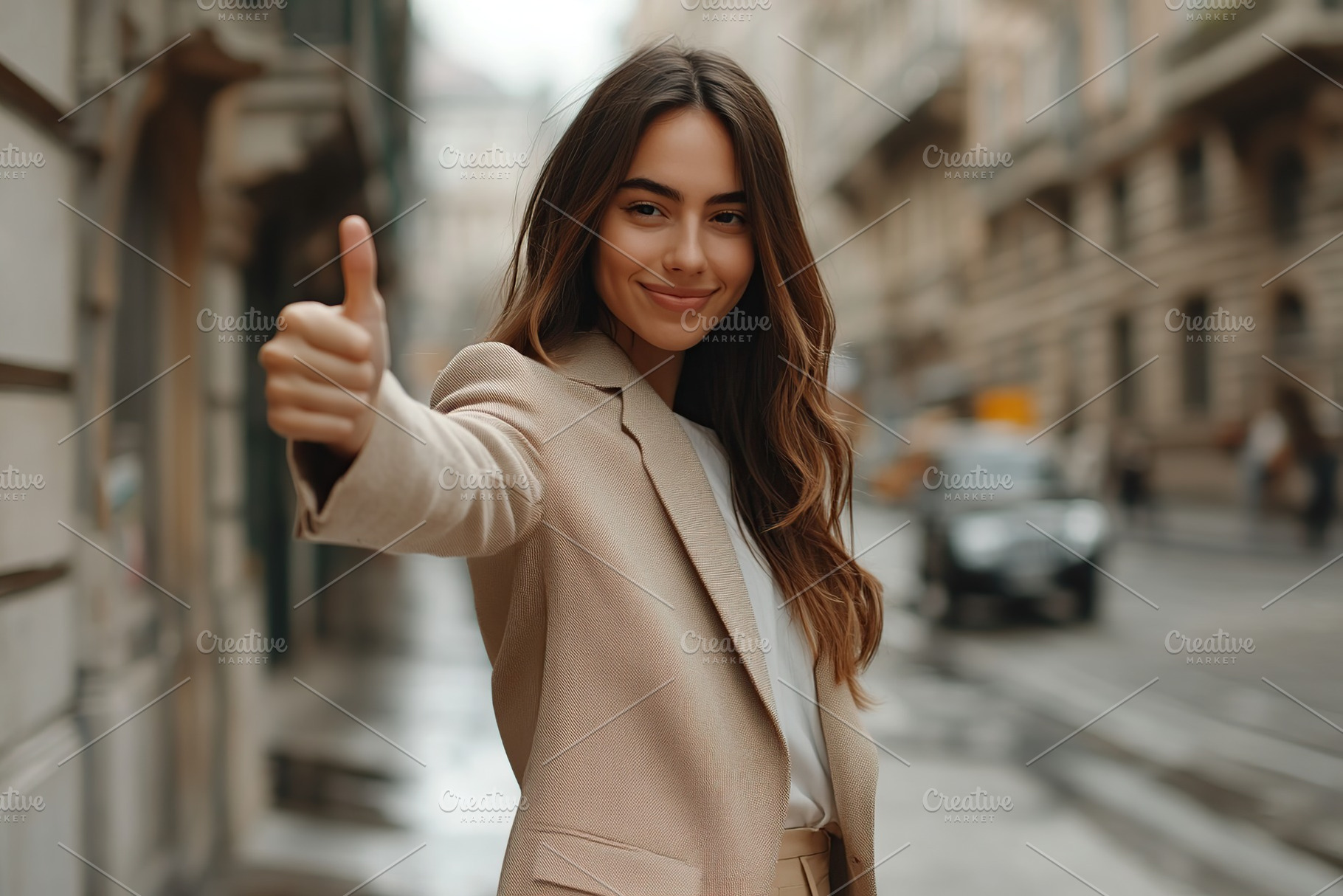 Charming businesswoman with silky long hair walking on city streets and showing, a Person Photo by AlyaAnd