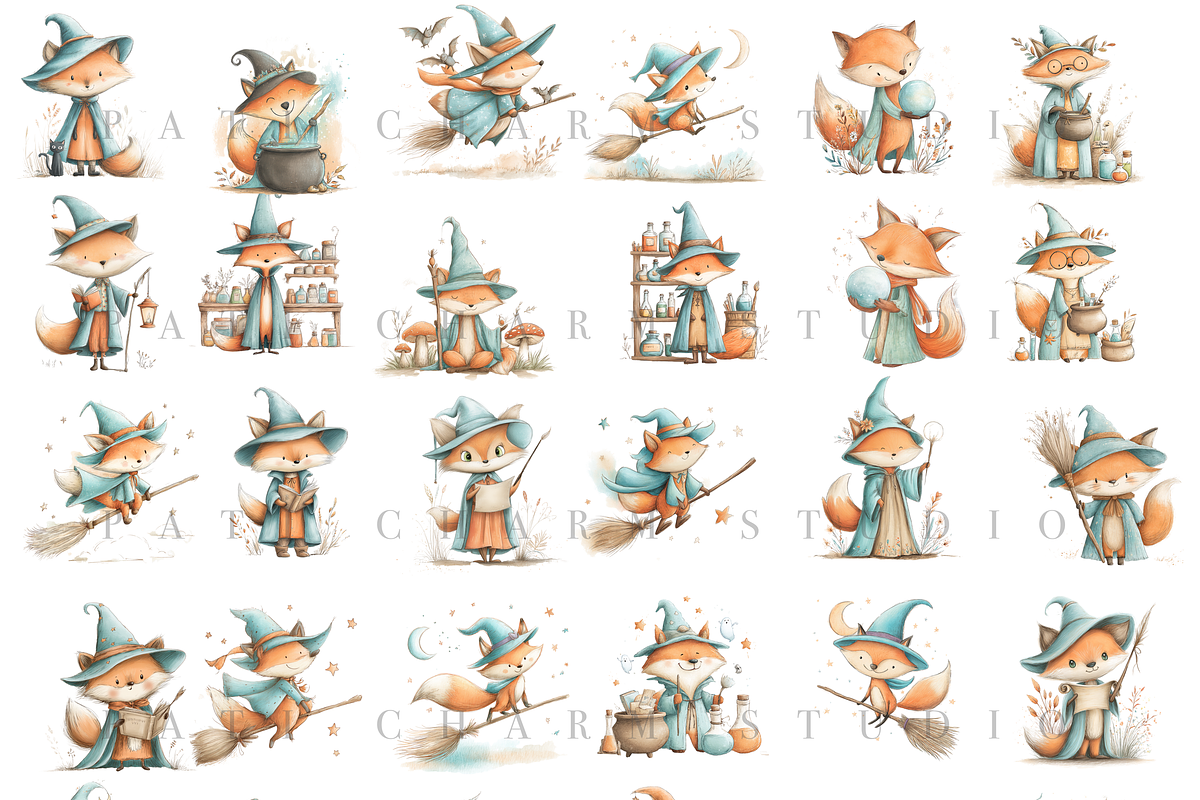 30 Watercolor Fox Witch Clipart PNGs, an Animal Illustration by Pati Charm Studio (Photo 2 of 8)