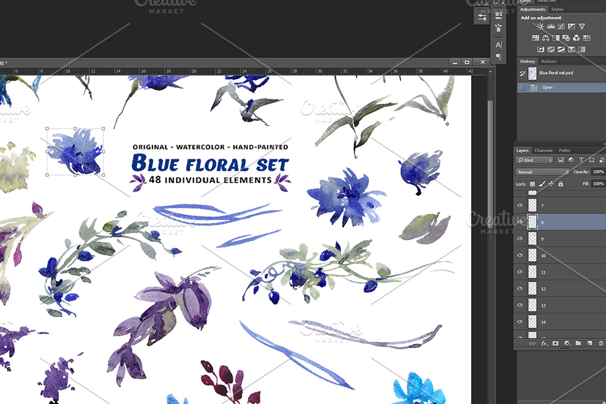 Blue floral watercolor set, a Decorative Illustration by Tamaretto (Photo 5 of 9)