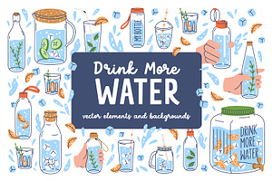 Drink more water set + backgrounds, a Food Illustration by Good Studio