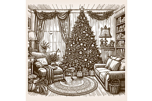 cozy Christmas living room vector, an Illustration by AlexArt