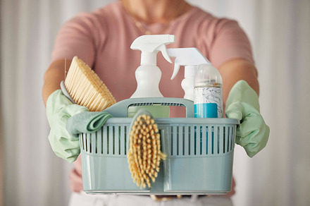 Cleaning products, cleaner service hands and home clean basket for house disinfection of dusk. Chemical, brush and woman hand in a household with hygiene equipment and rubber gloves ready for work, a Photo by Peopleimages.com
