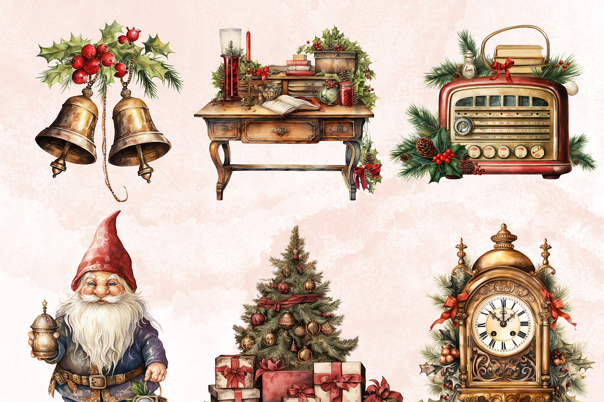 Watercolor Antique Christmas Clipart, a Seasonal Illustration by GiraffeCreative (Photo 7 of 9)