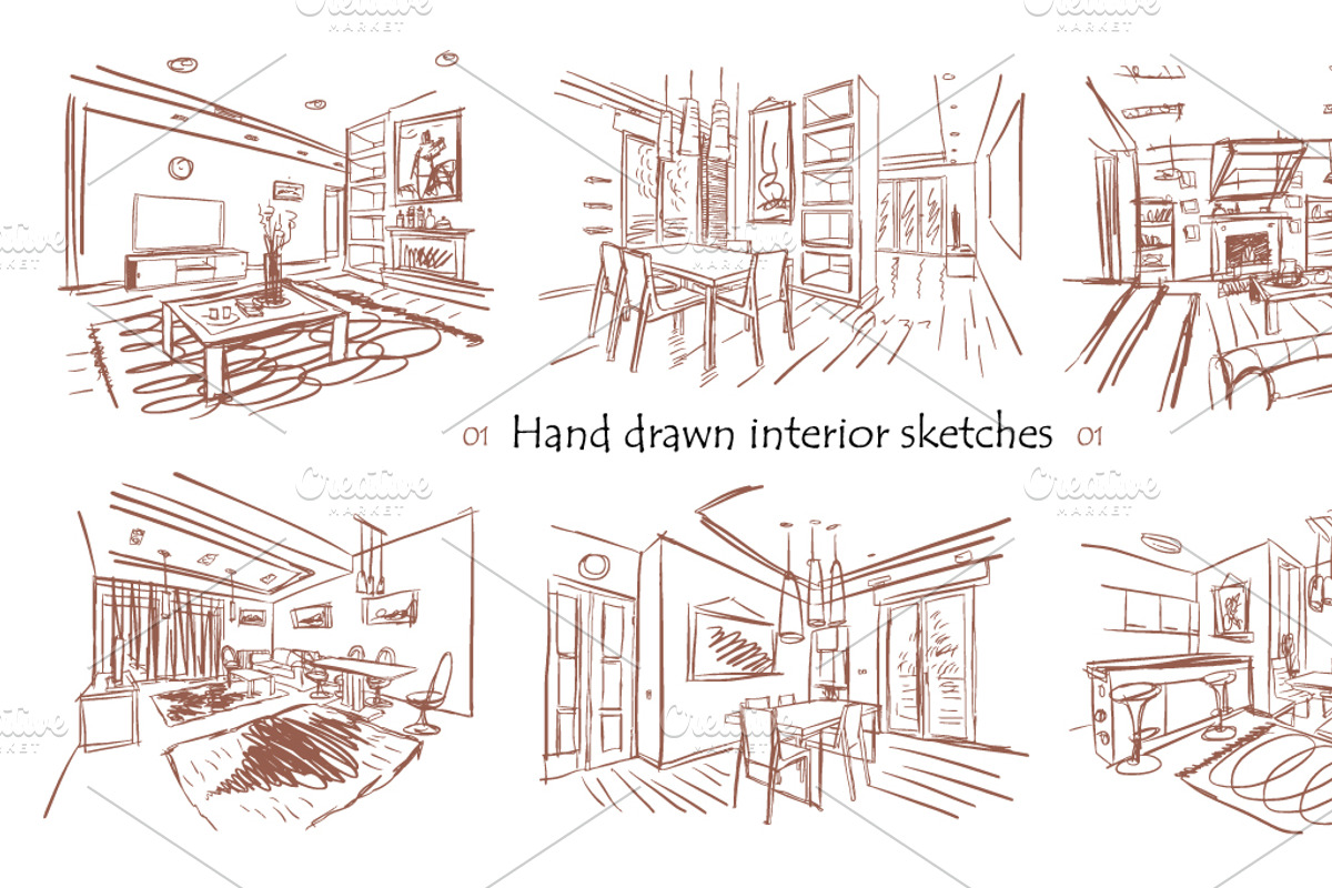 Set of hand-drawn interiors #01, an Illustration by Digithings