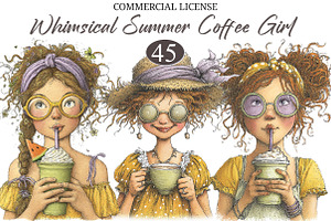 Whimsical Summer Coffee Girl Clipart, a Seasonal Illustration by designcity5