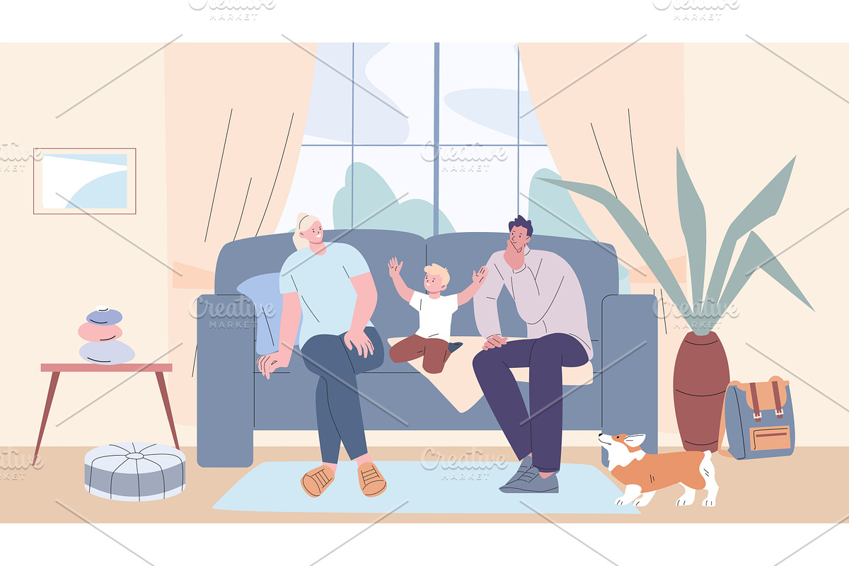 Parents with son sitting on sofa in, a Sport Illustration by Valerie Bodnar
