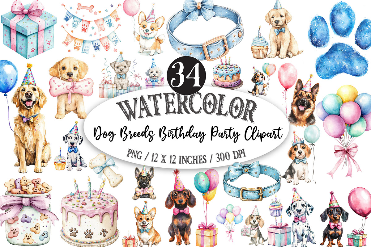 Dog Breeds Birthday Party Clipart, a Seasonal Illustration by Designking (Photo 1 of 5)