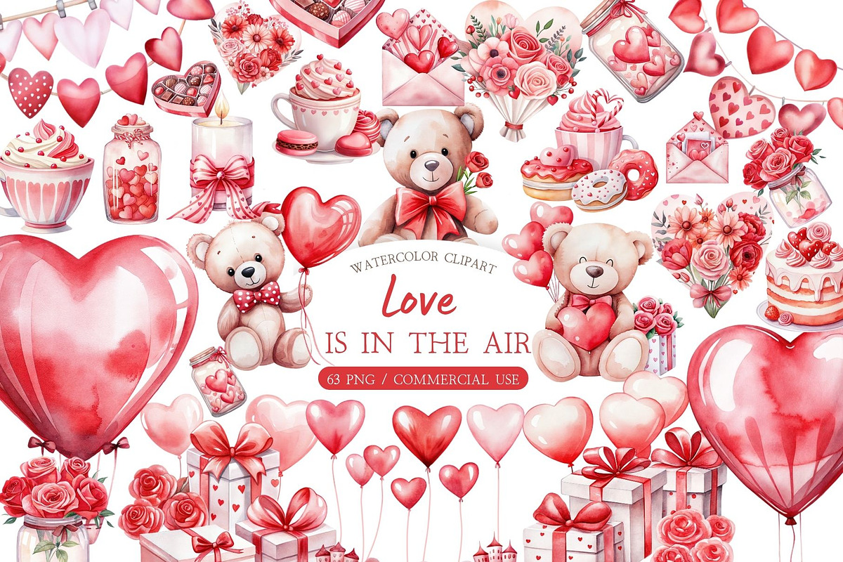 Valentine Love Watercolor Clipart, an Illustration by MockupWizard (Photo 1 of 6)