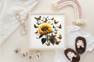 Watercolor Sunflower And Butterfly