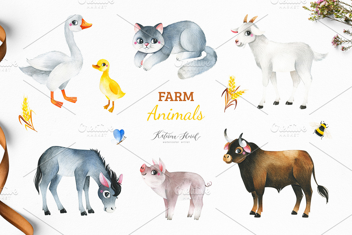 Watercolor Farm Collection., an Animal Illustration by Kate_Rina (Photo 2 of 9)