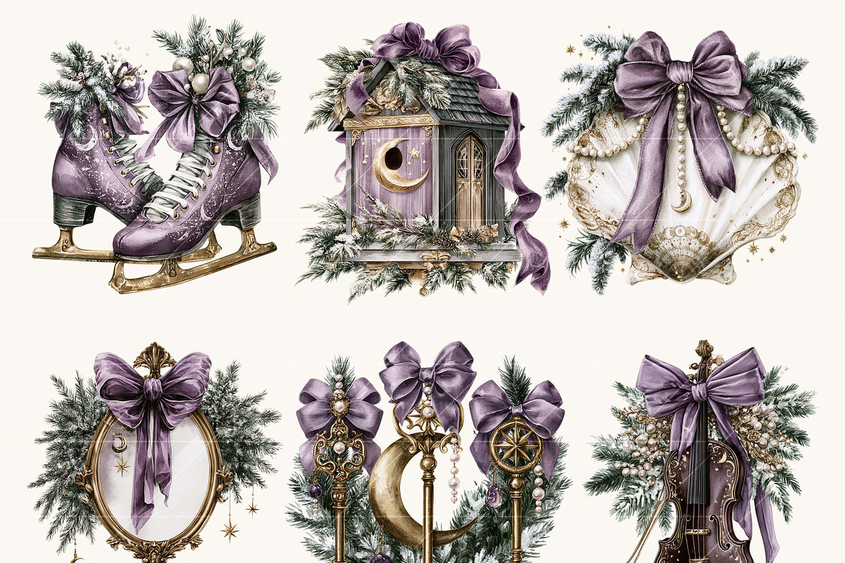 Watercolor Moonlit Christmas Clipart, a Seasonal Illustration by BusyDaydesign (Photo 2 of 7)