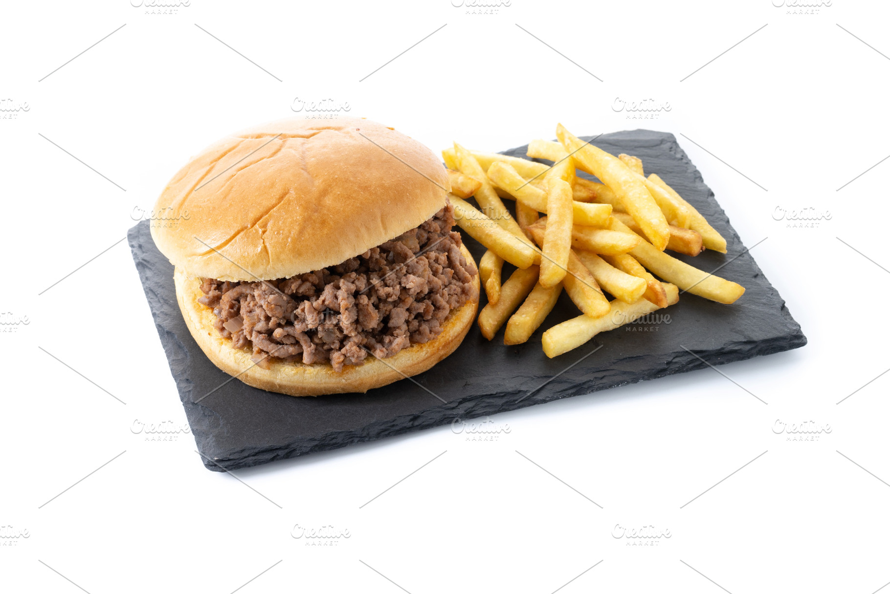 Traditional sloppy joe sandwich with french fries on wooden tabl, a Food & Drink Photo by etorres69