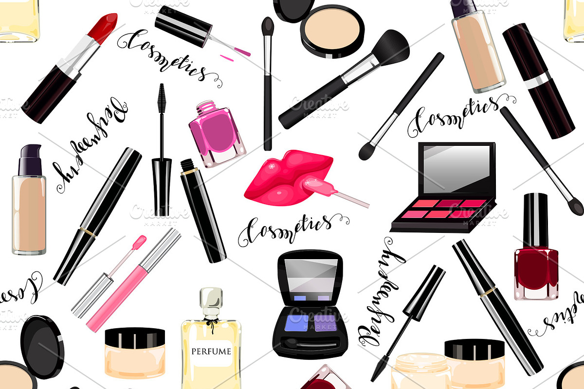 Makeup, perfume, cosmetics seamless pattern., an Illustration by artabramova