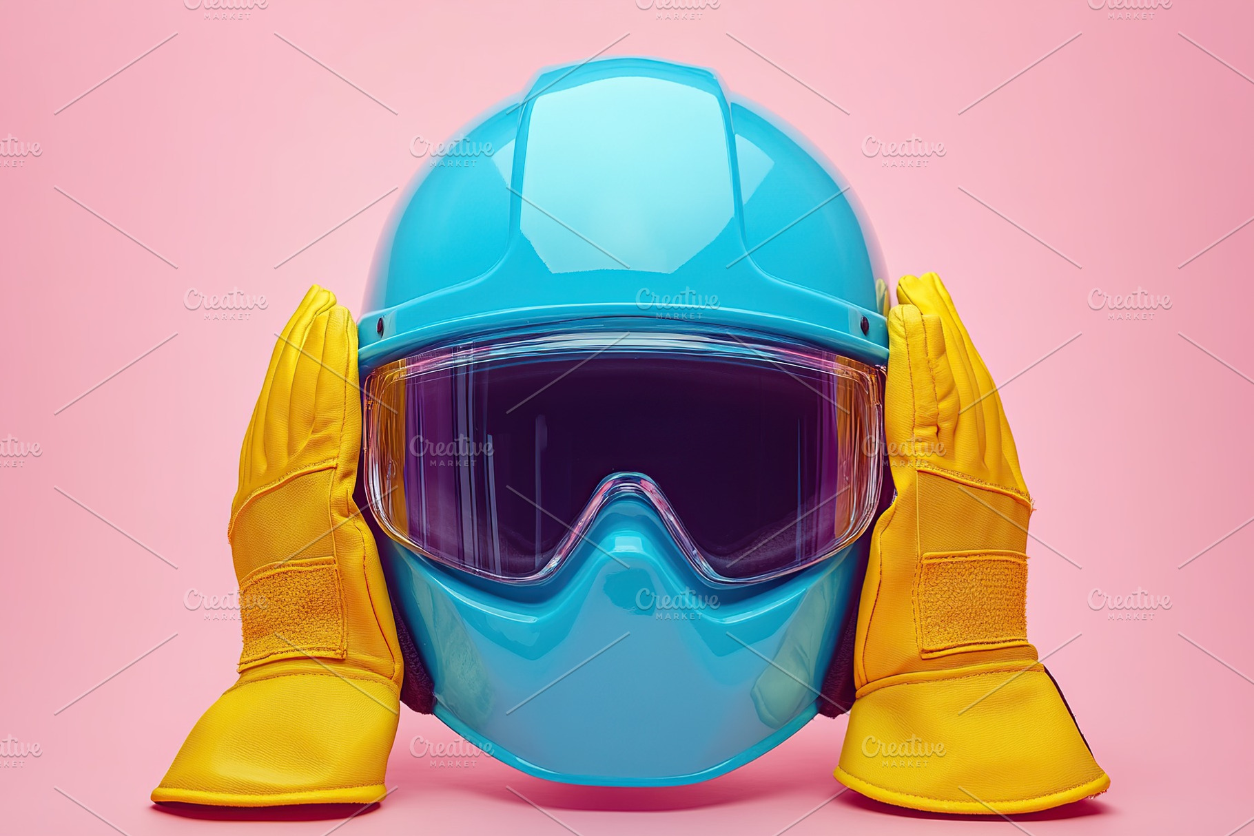 A pair of new yellow work gloves grips a blue helmet, set against a pink backgr, a Photo by AlyaAnd