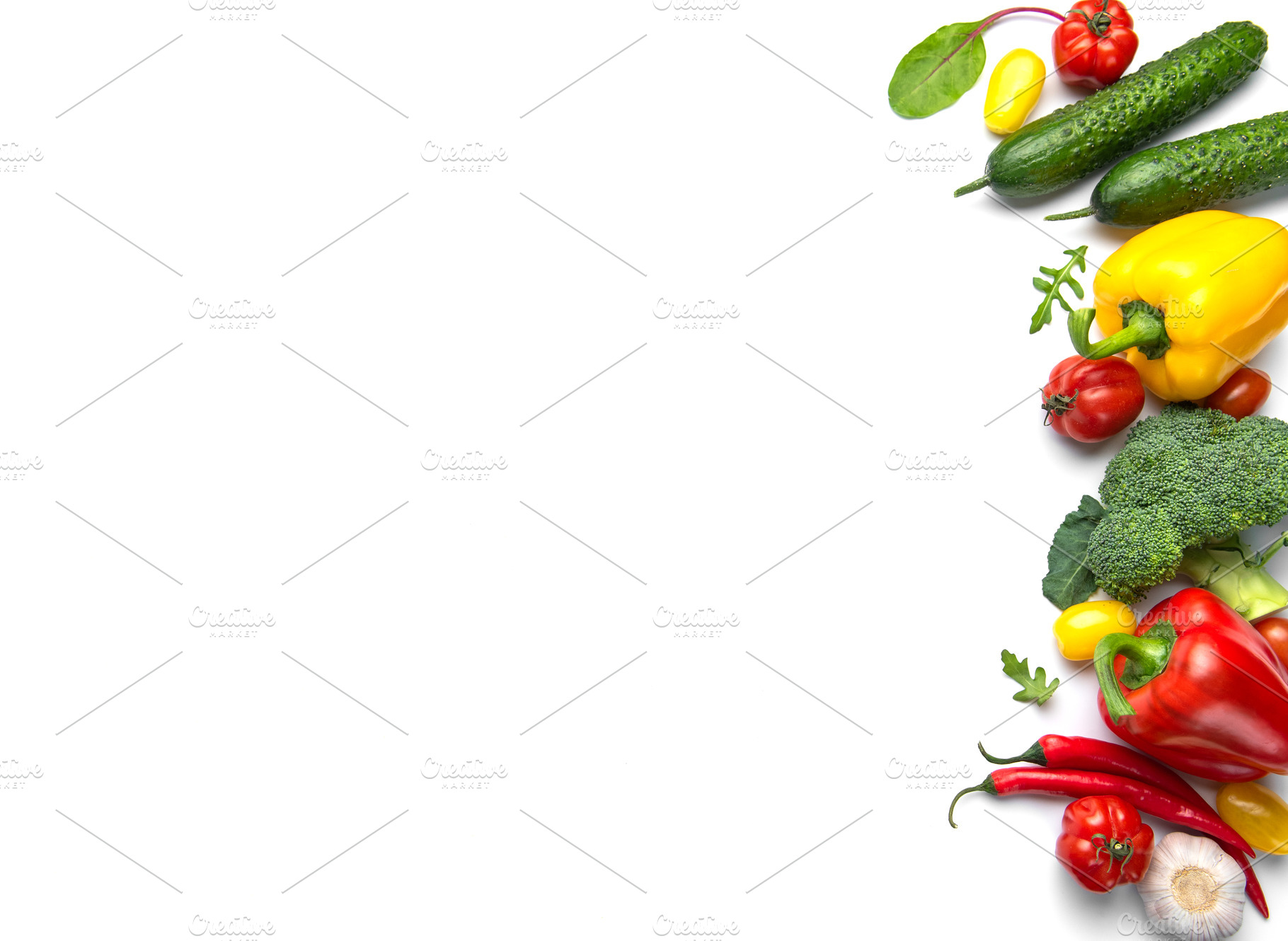 Fresh healthy vegetables creating a vibrant frame on white backg, a Photo by Olena Rudo