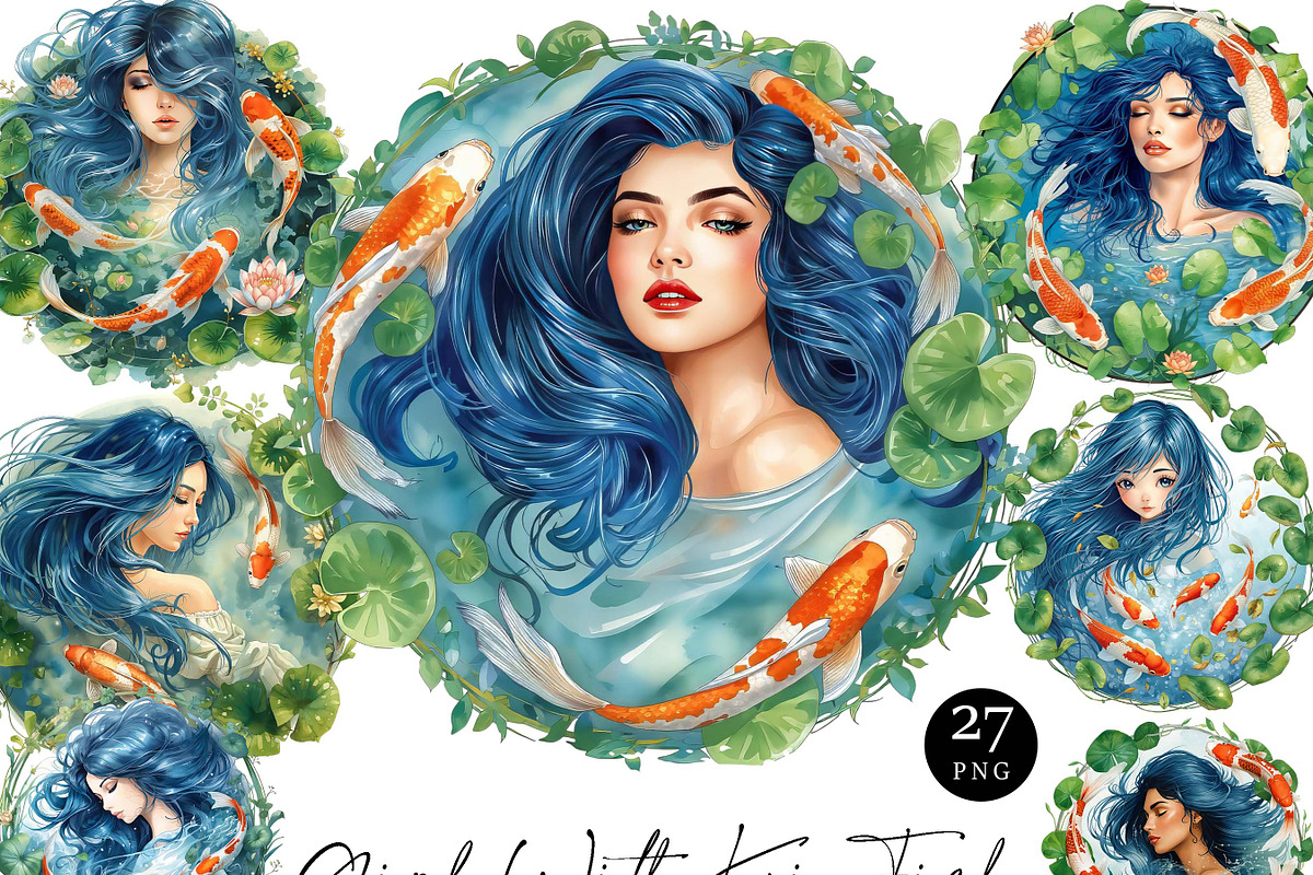Girl With Koi Fish Clipart Bundle, a Person Illustration by Design Scotch (Photo 1 of 8)