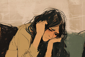 Young woman sitting on a couch appearing thoughtful and pensive, an Illustration by AS photostudio