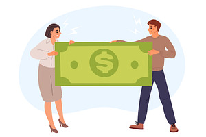 Angry husband and wife pull money in, a Finance Illustration by Vectorbuum