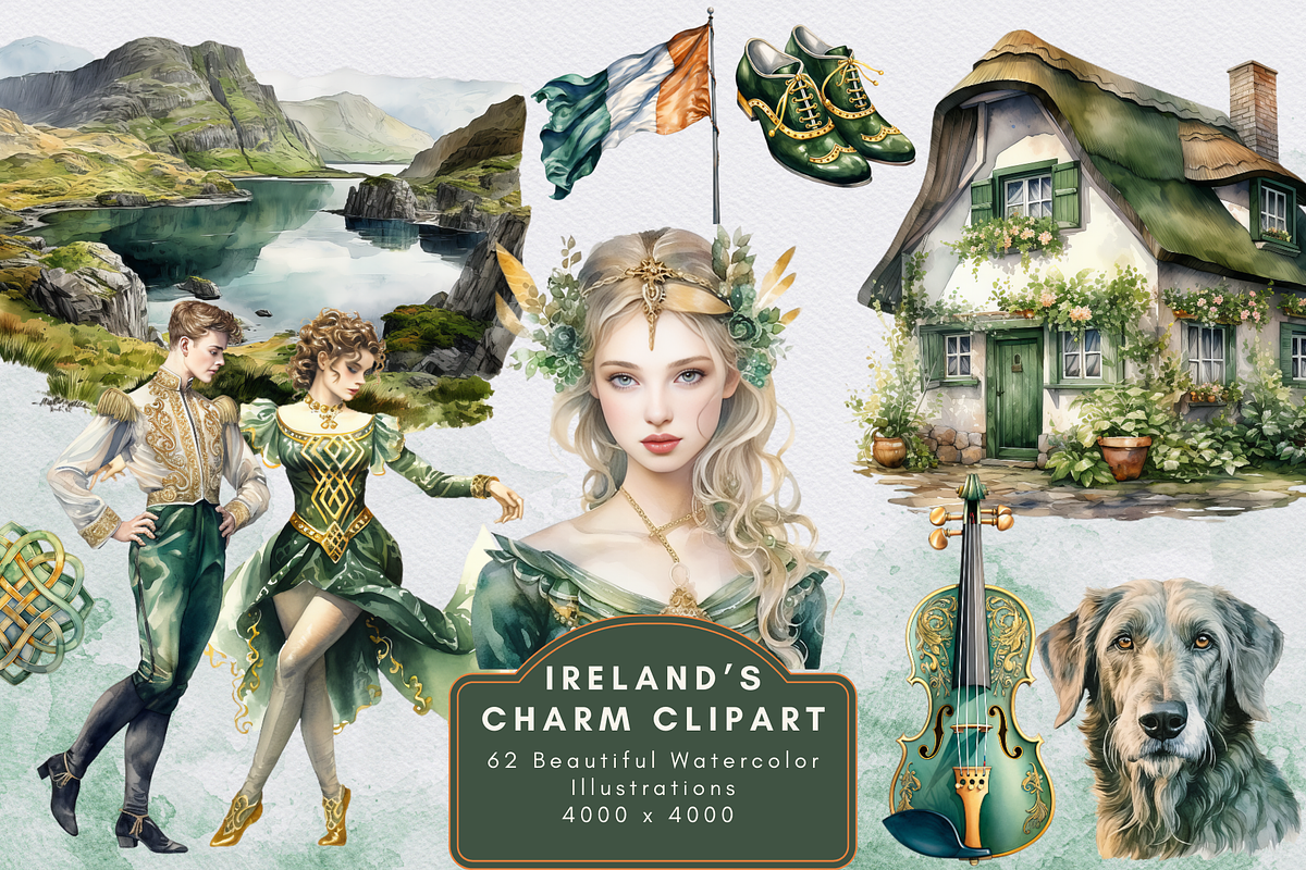 Ireland's Charm Watercolor Clipart, an Illustration by NadiaTheronArt (Photo 1 of 5)