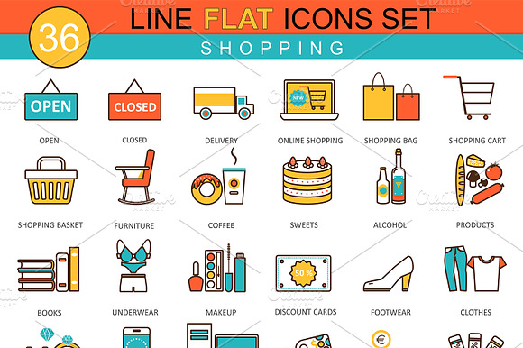 36 Shopping Flat Line Icons Set.