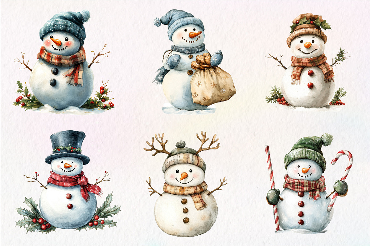 Watercolor Christmas Snowman Clipart, an Illustration by Dream Creation (Photo 2 of 6)