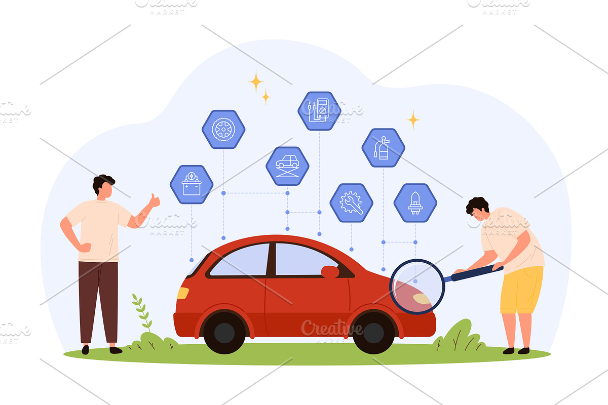 Tiny People Inspecting Car Service, an Illustration by Flashvector