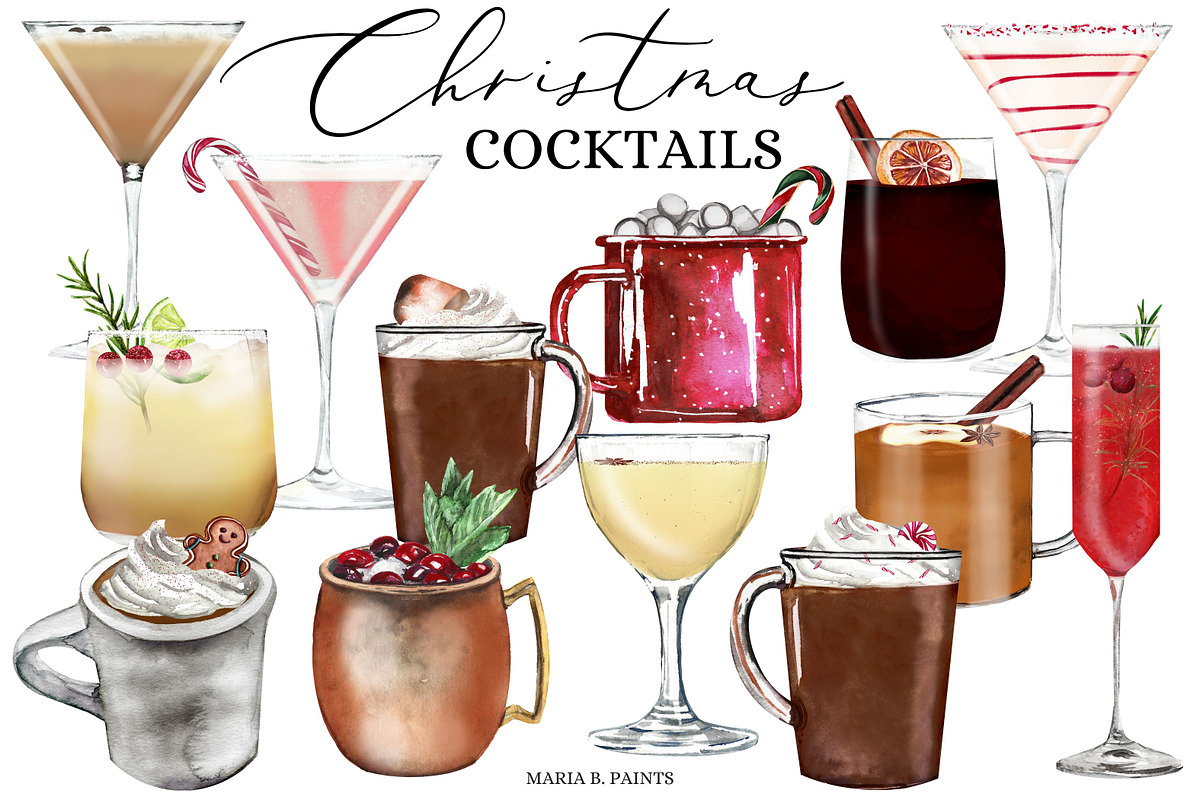 Christmas Cocktail Drink Clipart Set, a Food Illustration by Maria B. Paints
