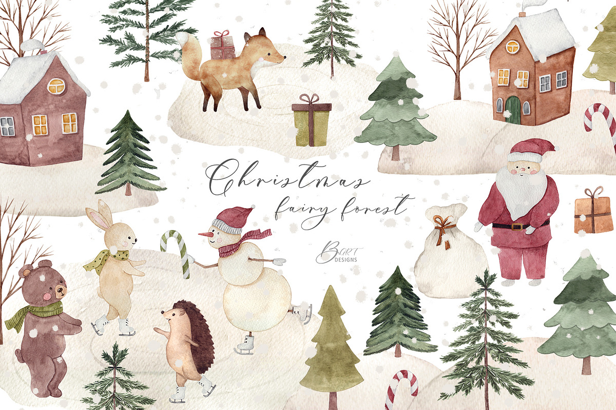 Christmas fairy forest watercolor, an Animal Illustration by BrushArtDesigns (Photo 1 of 11)