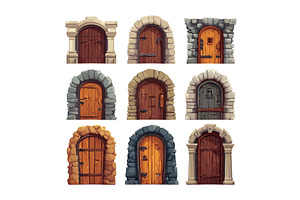 Medieval doors cartoon vector set, an Object Illustration by Onyx