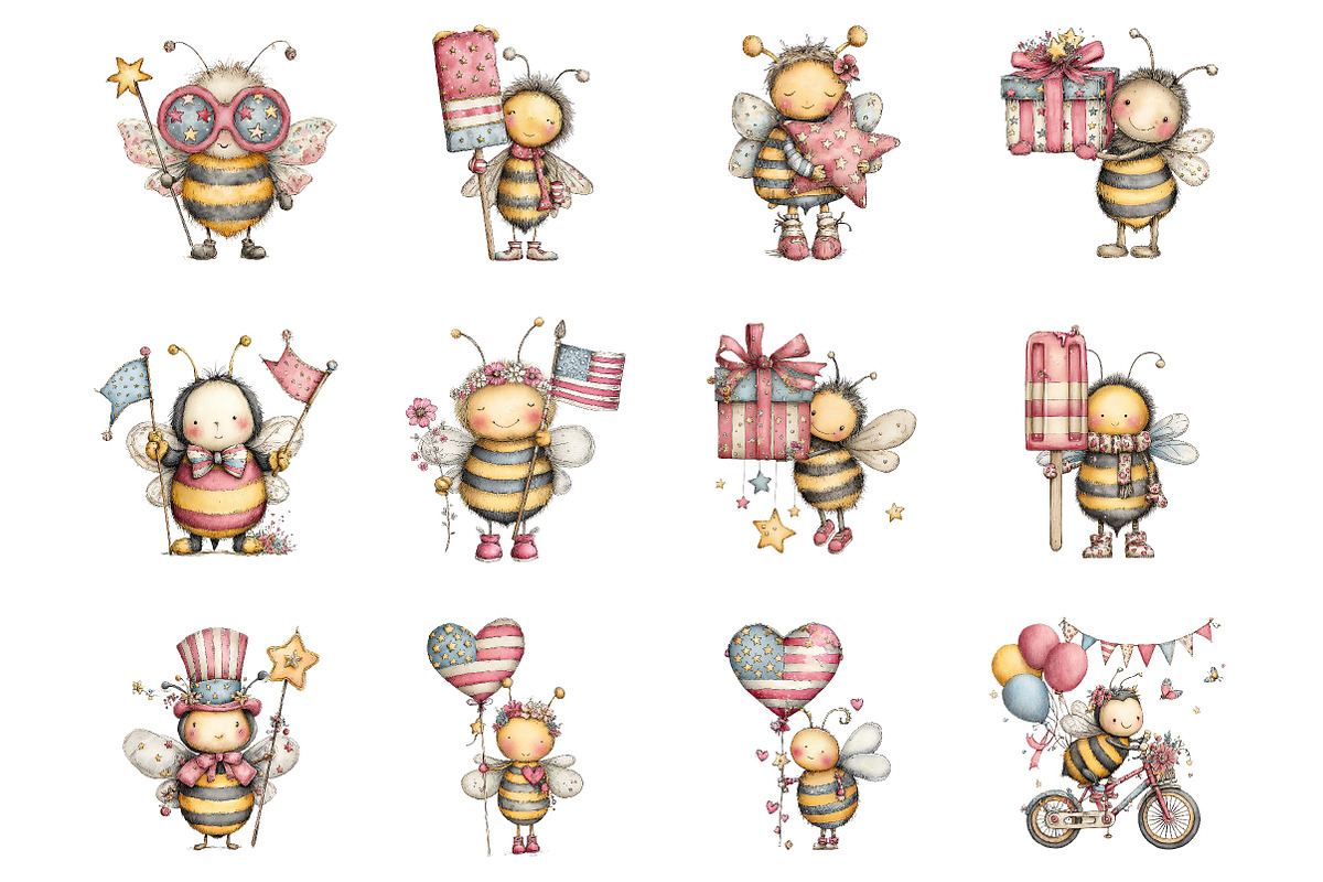 4th of July Bee Whimsical Clipart, a Seasonal Illustration by Designking (Photo 2 of 5)