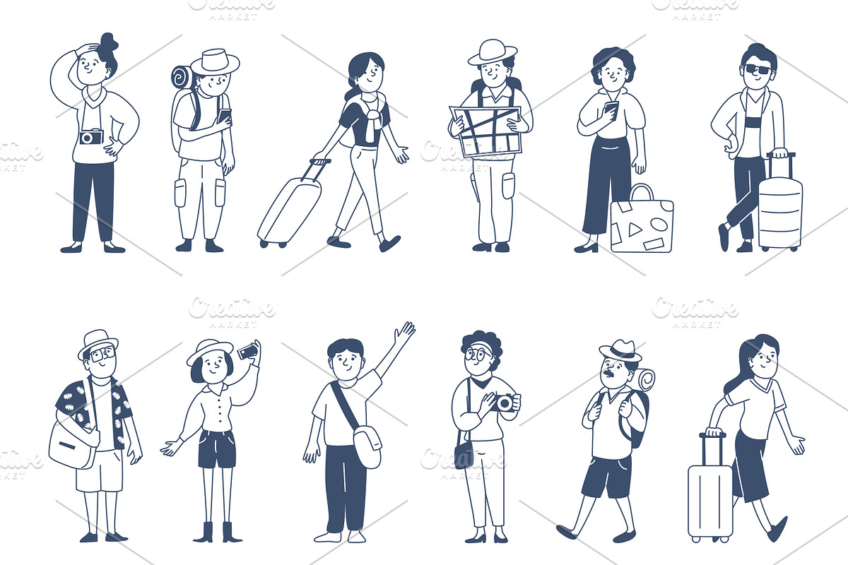 Doodle characters with suitcase, an Illustration by LadadikArt
