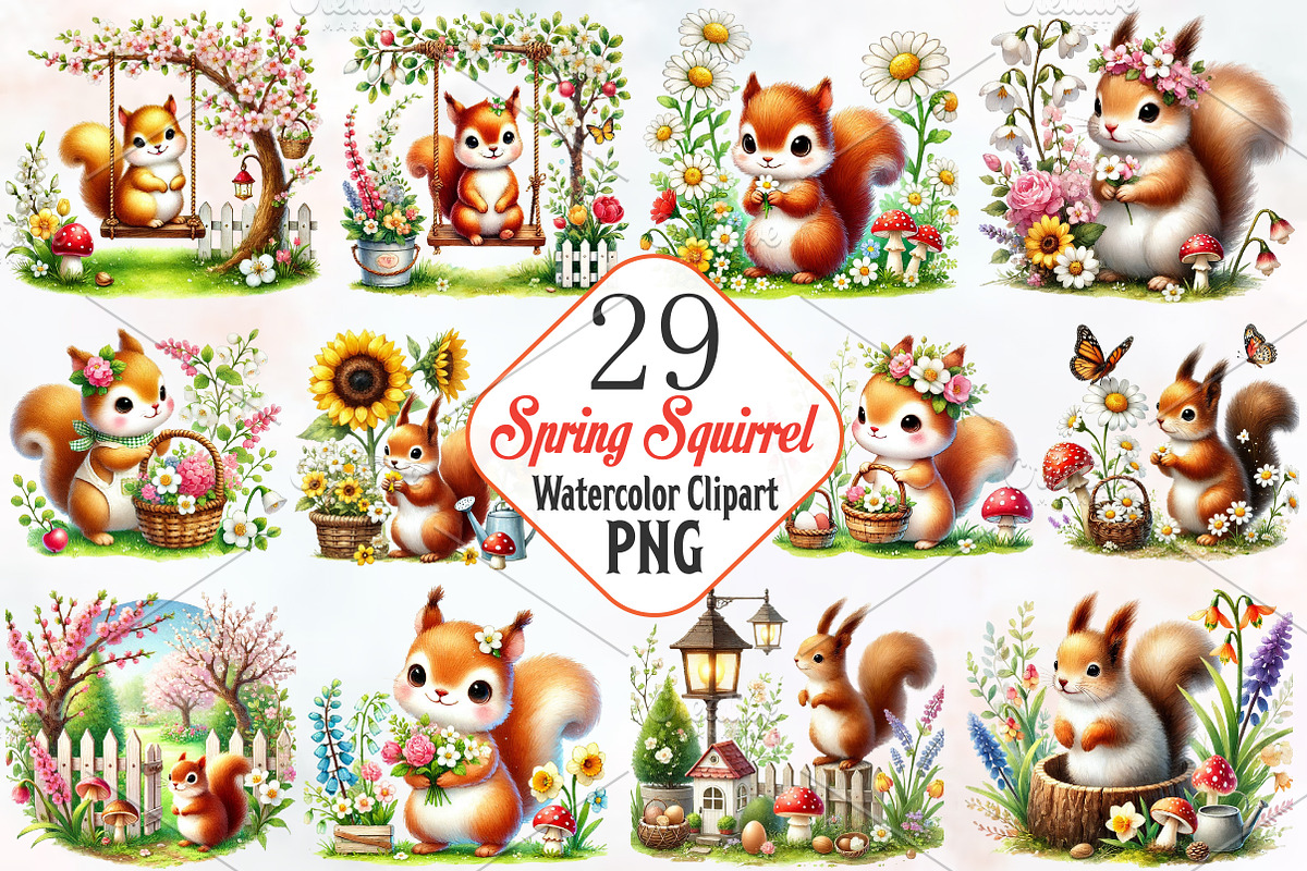 Spring squirrel garden clipart, an Illustration by RobertsArt (Photo 1 of 7)