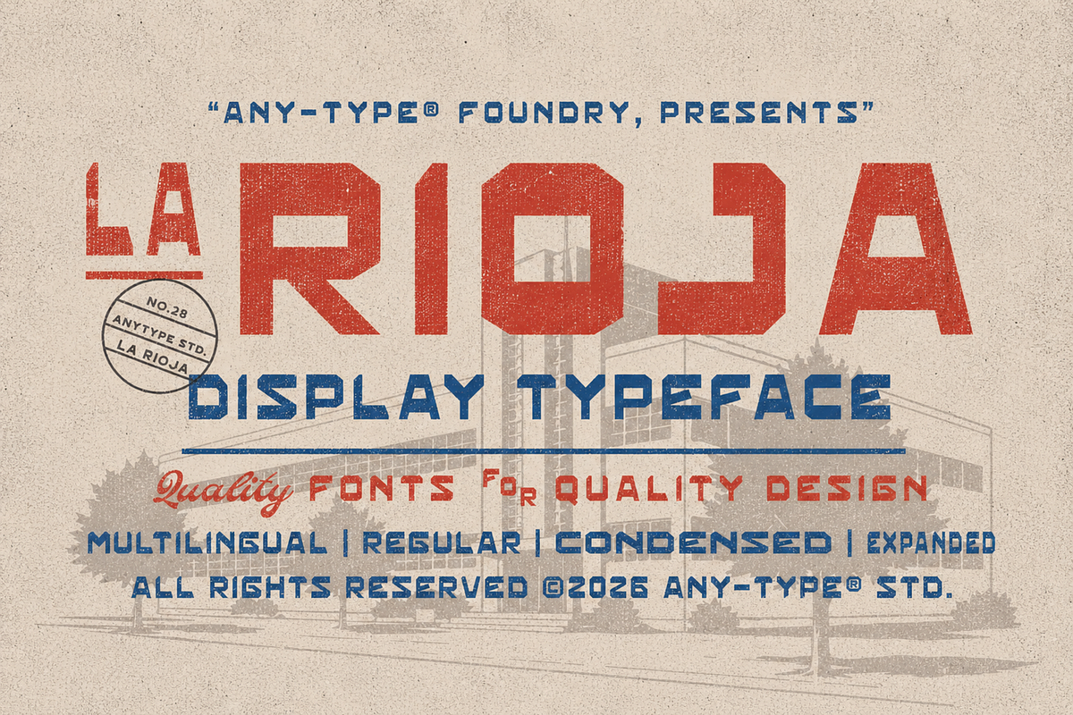 La Rioja — Retro Display Typeface, a Sans Serif Font by Any-Type® Foundry (Photo 1 of 9)