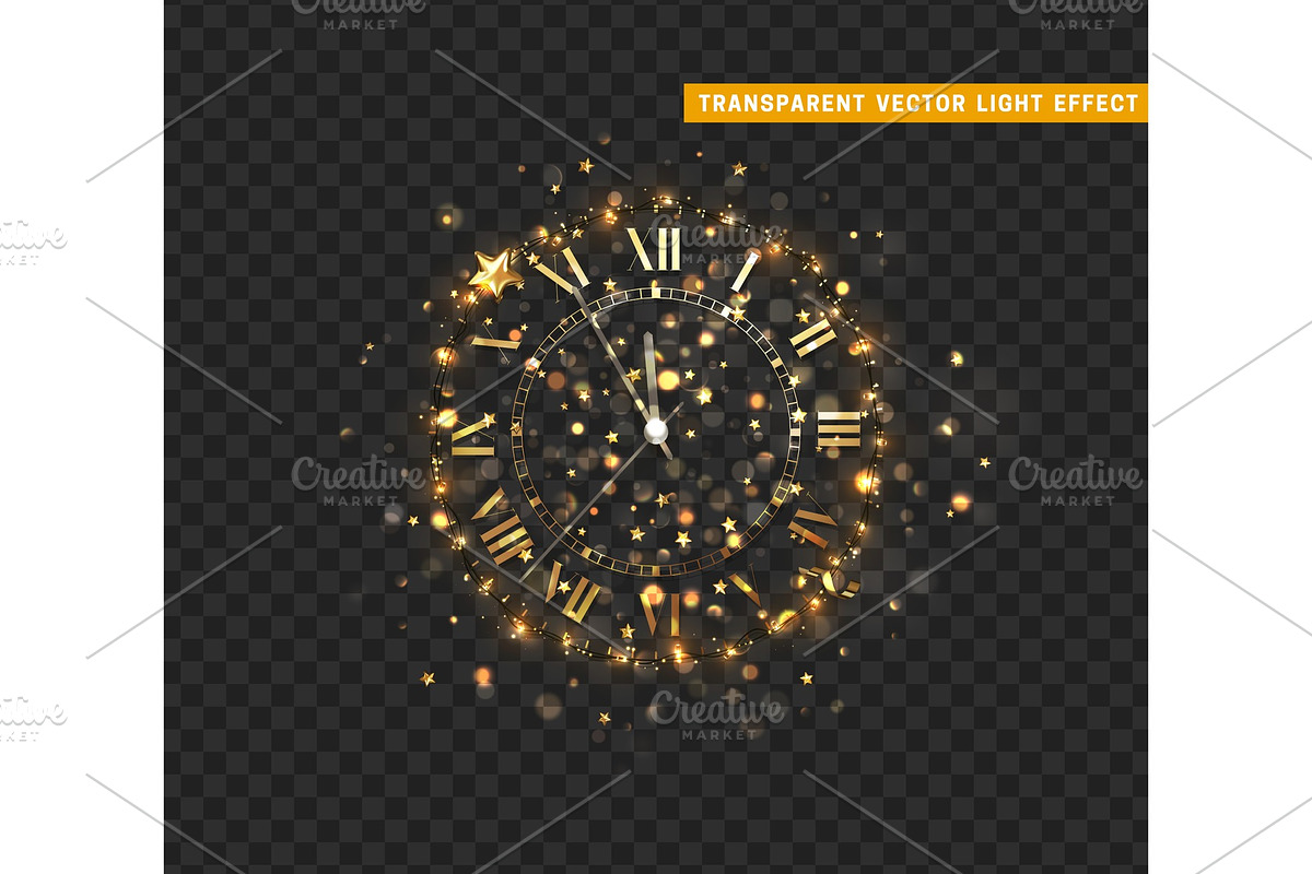 New Year shiny gold clock, five minutes to midnight., a Decorative Illustration by Modern vector