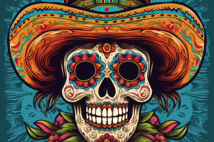 Vibrant Sugar Skull with Sombrero and Flowers, an Abstract Photo by Natalia Klenova's Shop