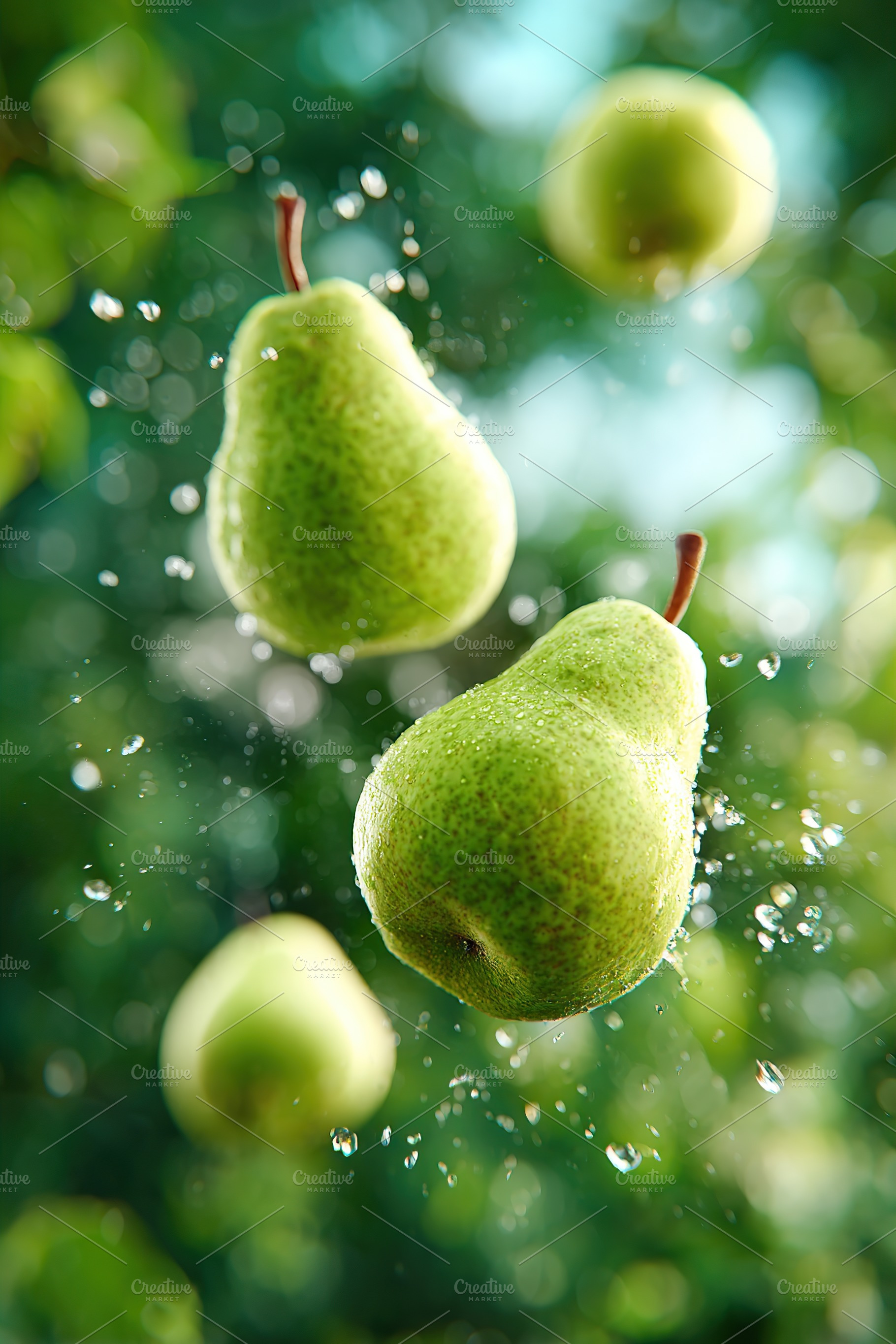 Floating apples and pears surrounded by water droplets in a lush green setting, a Food & Drink Photo by AlyaAnd