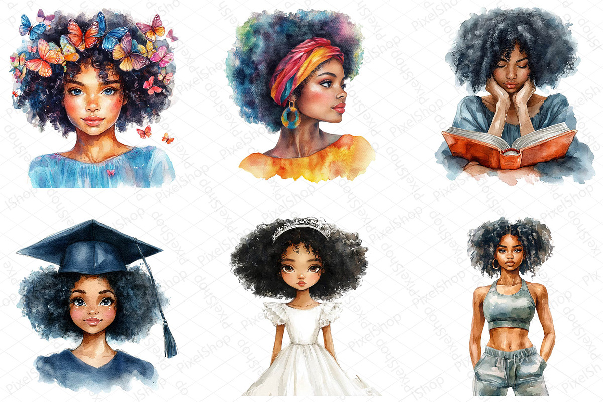 Watercolor Black Afro Girl Clipart, an Illustration by DreamPrint404 (Photo 4 of 7)