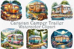 Watercolor Camper Trailer Clipart., a Transportation Illustration by GalaDesign03